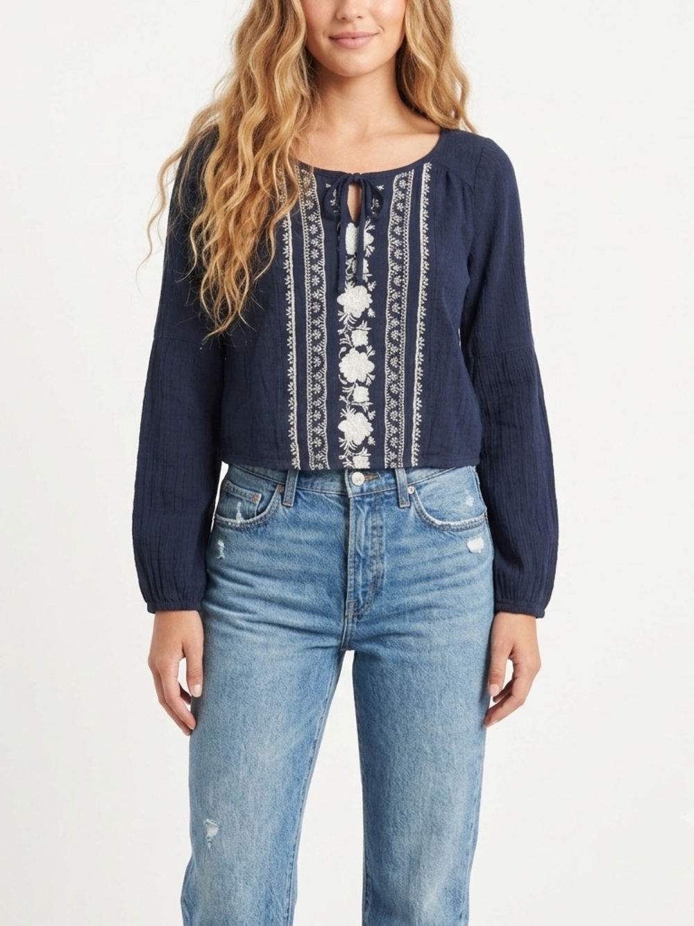 Hollister Navy Boho Cotton Top with White Floral Embroidery